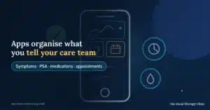 Apps organise what you tell your care team — symptoms, PSA, medications, appointments