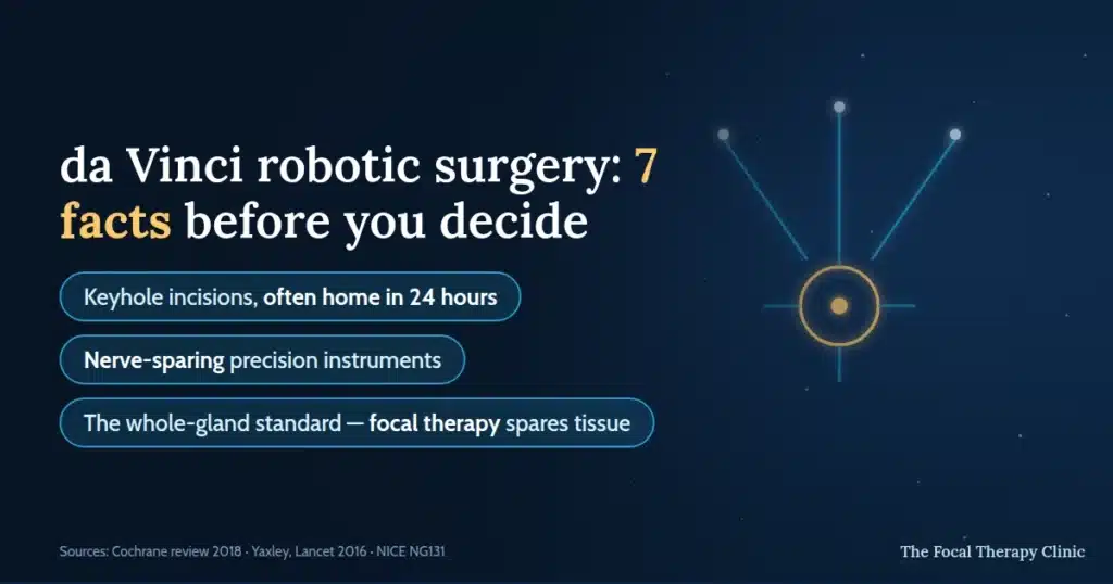 da Vinci robotic surgery: 7 facts before you decide — keyhole incisions with discharge often within 24 hours, nerve-sparing precision instruments, and focal therapy as the tissue-sparing alternative