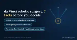 da Vinci robotic surgery: 7 facts before you decide — keyhole incisions with discharge often within 24 hours, nerve-sparing precision instruments, and focal therapy as the tissue-sparing alternative