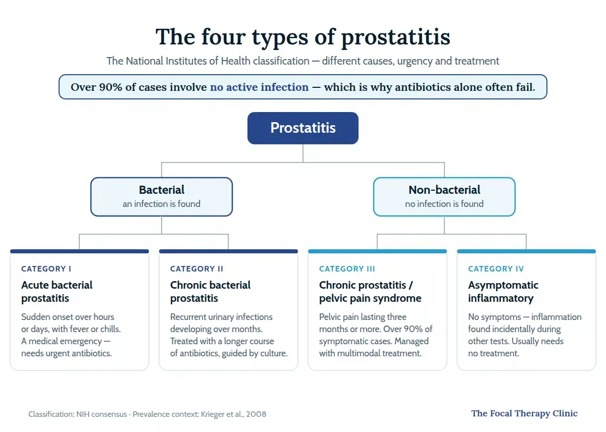 Flowchart of the four NIH types of prostatitis: bacterial and non-bacterial categories — over 90% of cases involve no active infection
