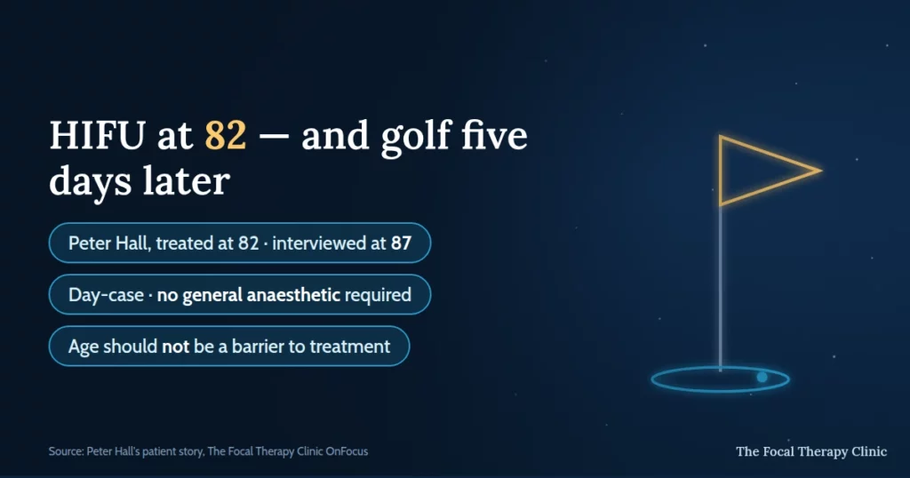 HIFU at 82 and golf five days later: Peter Hall, treated at 82 and interviewed at 87, had a day-case procedure with no general anaesthetic required — age should not be a barrier to treatment