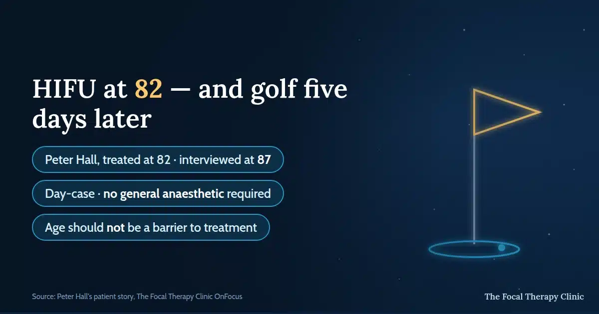 HIFU at 82 and golf five days later: Peter Hall, treated at 82 and interviewed at 87, had a day-case procedure with no general anaesthetic required — age should not be a barrier to treatment