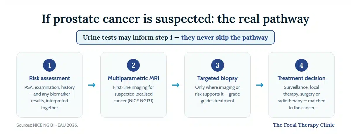 Four-step pathway when prostate cancer is suspected: risk assessment, multiparametric MRI, targeted biopsy where indicated, then the treatment decision