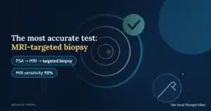 The most accurate test: MRI-targeted biopsy — PSA then MRI then targeted biopsy; MRI sensitivity 93%