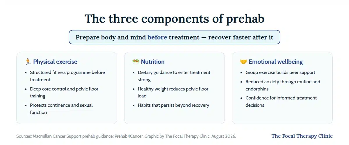 The three components of prehab for prostate cancer: physical exercise including pelvic floor training, nutritional guidance, and emotional wellbeing support through group exercise and peer support
