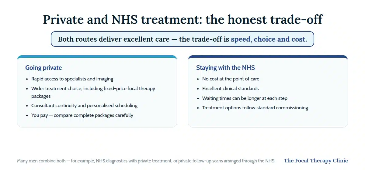 Comparison of private and NHS prostate cancer treatment: speed, choice and cost versus free care and standard pathways