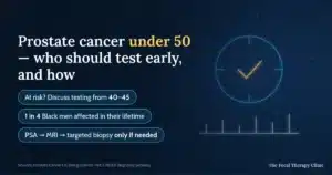 Prostate cancer under 50 — who should test early, and how: at risk? discuss testing from 40–45; 1 in 4 Black men affected in their lifetime; PSA, MRI, then targeted biopsy only if needed