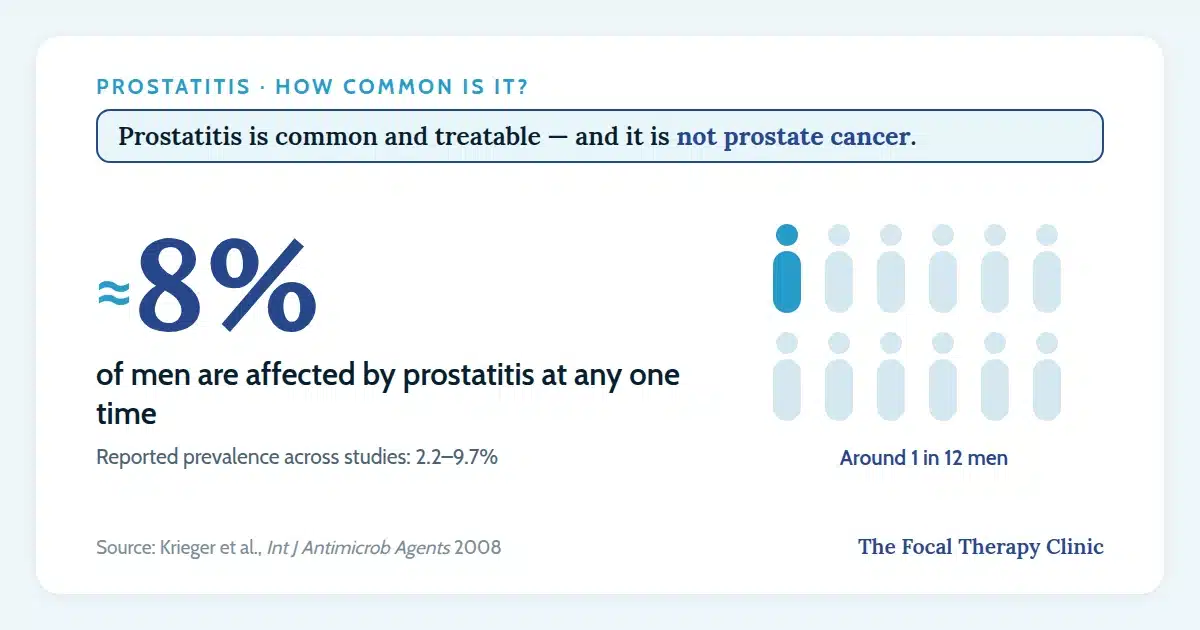 Statistic card: around 8% of men are affected by prostatitis at any one time — about 1 in 12 — and it is not prostate cancer