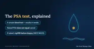 The PSA test explained: a simple blood test with results in weeks, a raised PSA does not equal cancer, and if raised the next step is mpMRI before biopsy under NICE NG131