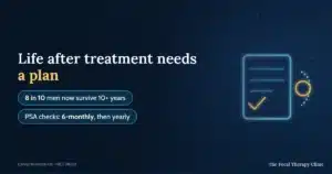 Life after treatment needs a plan — 8 in 10 men now survive 10+ years; PSA checks: 6-monthly, then yearly