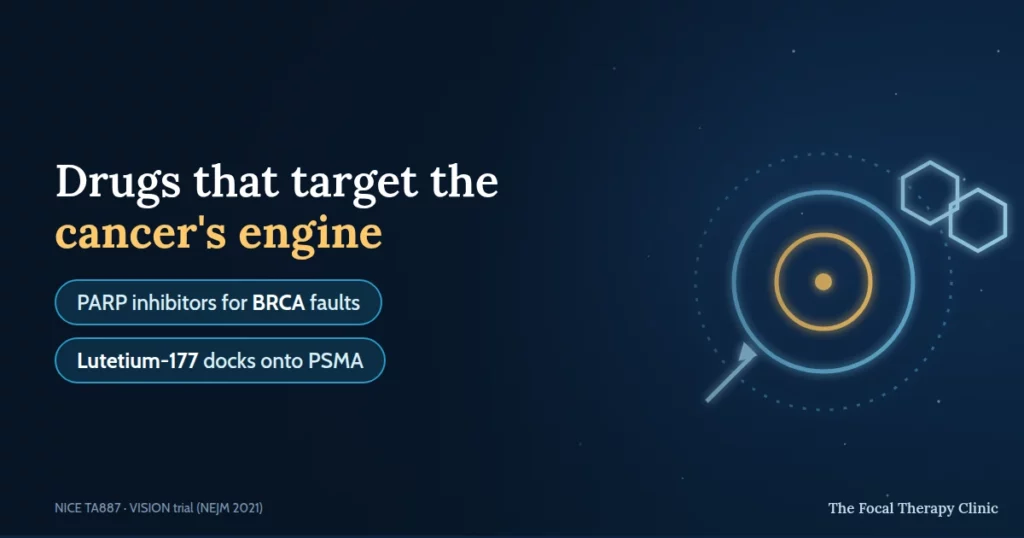 Drugs that target the cancer's engine — PARP inhibitors for BRCA faults; lutetium-177 docks onto PSMA
