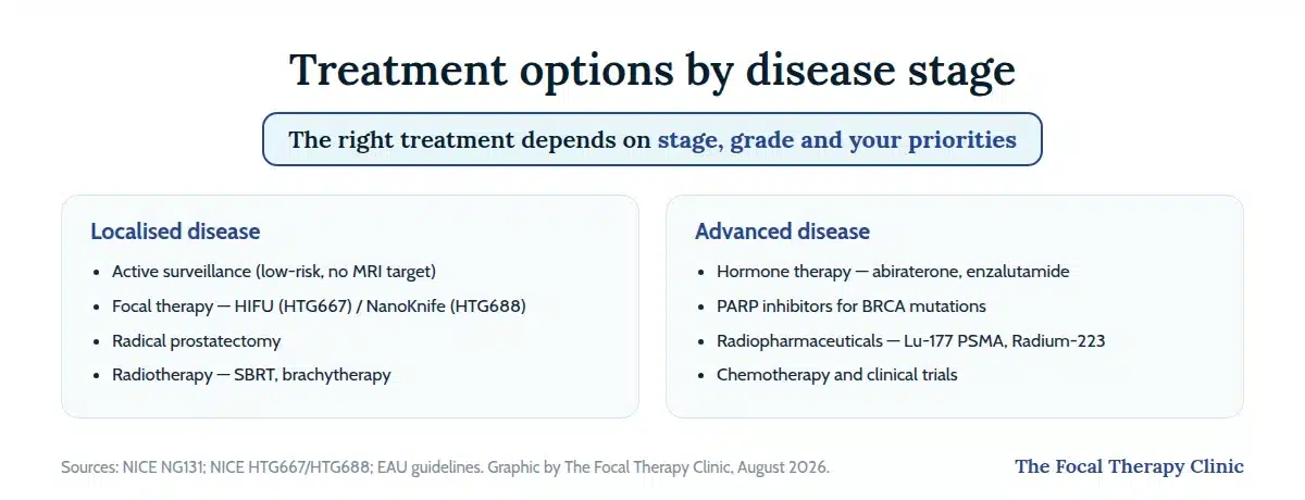 Treatment options by disease stage: localised disease options are active surveillance, focal therapy HIFU or NanoKnife, radical prostatectomy and radiotherapy; advanced disease options are hormone therapy, PARP inhibitors, radiopharmaceuticals and chemotherapy or clinical trials