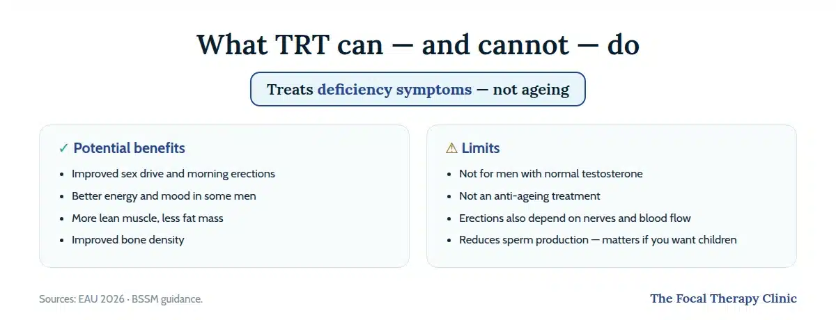 What TRT can and cannot do: possible benefits for drive, energy, muscle and bone against its limits — not for normal testosterone, not anti-ageing, reduces sperm production