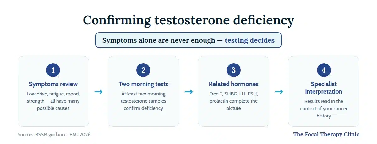 Four steps to confirm testosterone deficiency: symptom review, at least two morning blood tests, related hormone panel, and specialist interpretation