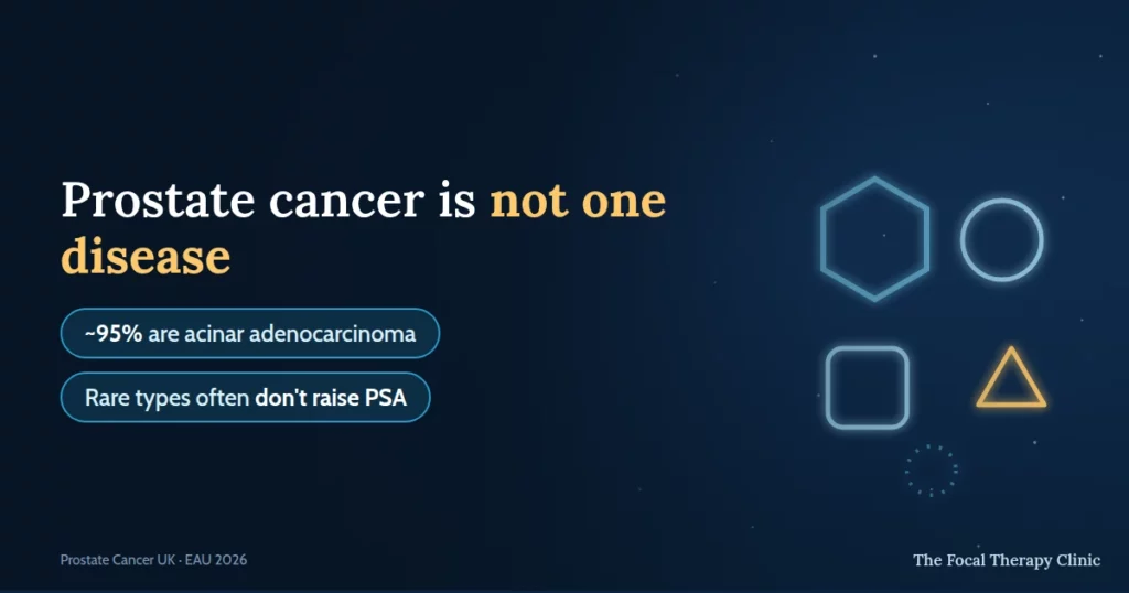 Prostate cancer is not one disease — ~95% are acinar adenocarcinoma; rare types often don't raise PSA