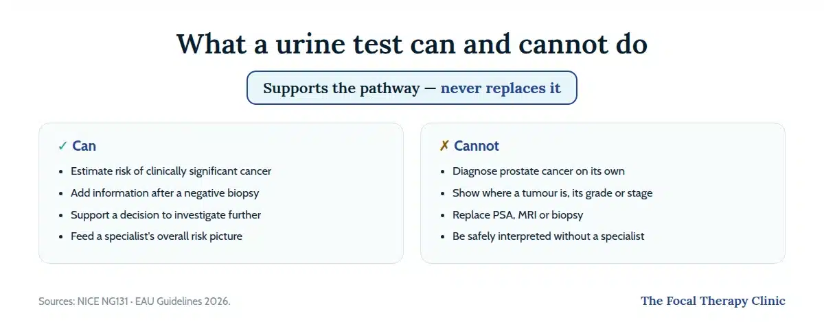 Two-column card: what a urine test can do — estimate risk and support decisions — and cannot do: diagnose cancer, show tumour position or replace PSA, MRI and biopsy