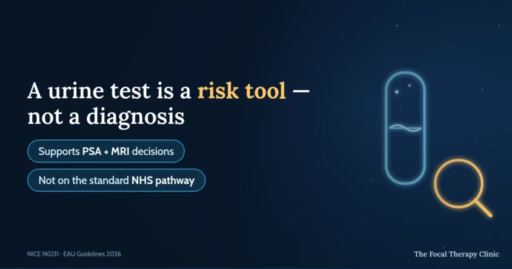 A urine test is a risk tool — not a diagnosis; supports PSA + MRI decisions, not on the standard NHS pathway