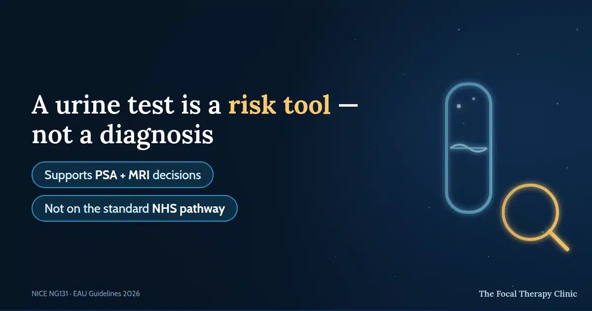 A urine test is a risk tool — not a diagnosis; supports PSA + MRI decisions, not on the standard NHS pathway
