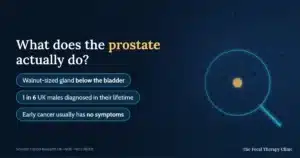What does the prostate actually do? A walnut-sized gland below the bladder; 1 in 6 UK males are diagnosed with prostate cancer in their lifetime and early cancer usually has no symptoms